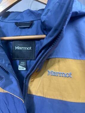 Marmot Colorblock Hooded Rain Jacket Blue Yellow Size XL